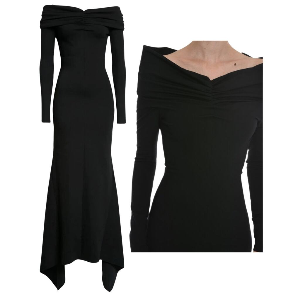 The Attico Black Off Shoulder Long Sleeve Asymmetrical Maxi Gown Sz 40 / US 4 6